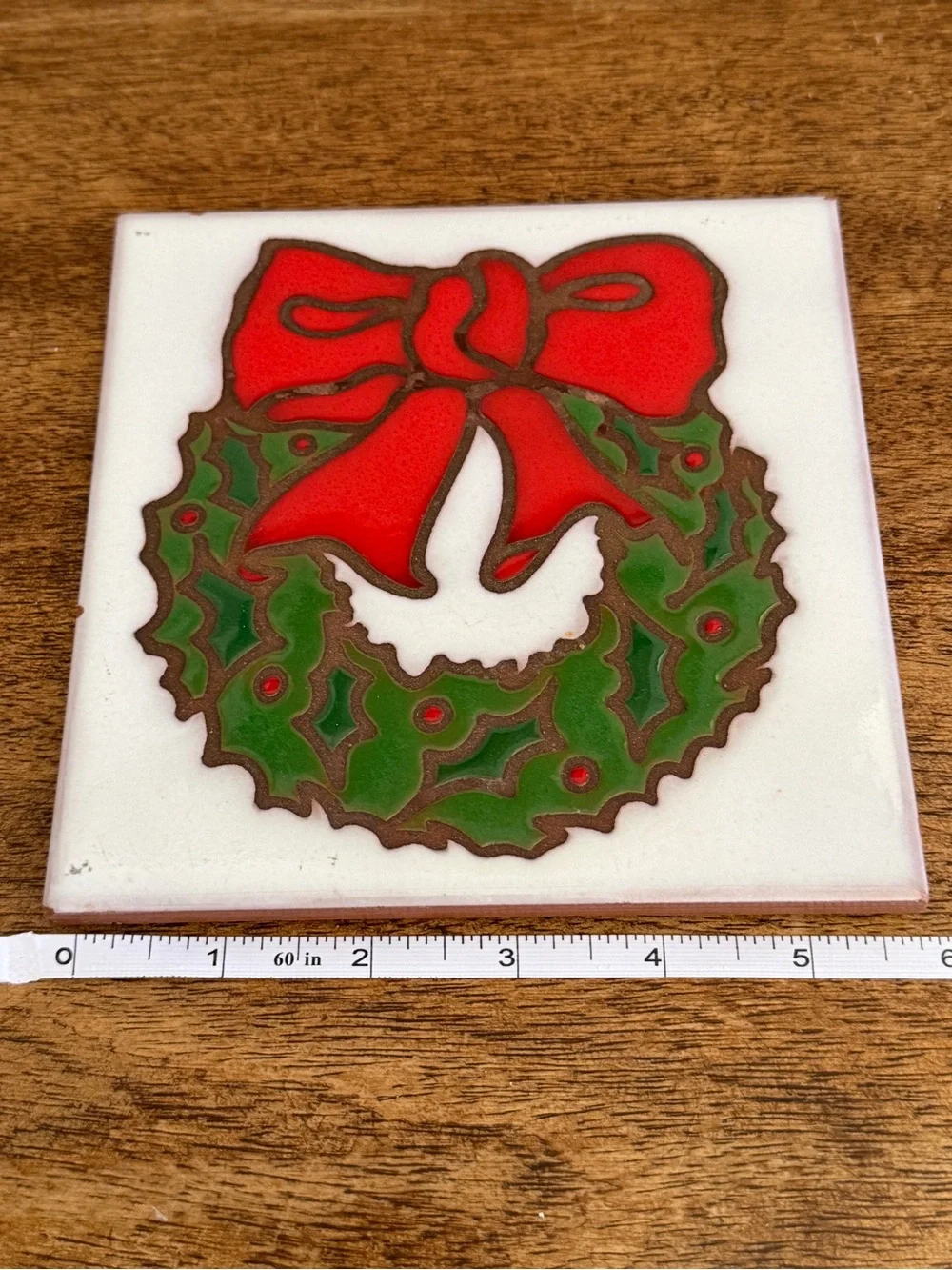 Arius Tile Art Christmas Wreath Green Holly Leaves Red Bow Italy 6” Trivet